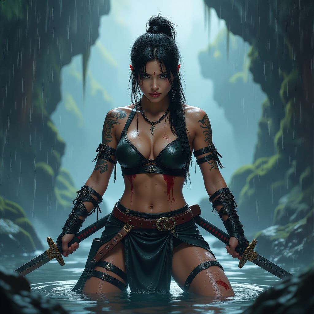 Dynamic Female Warrior Slaying Demons in Grotto