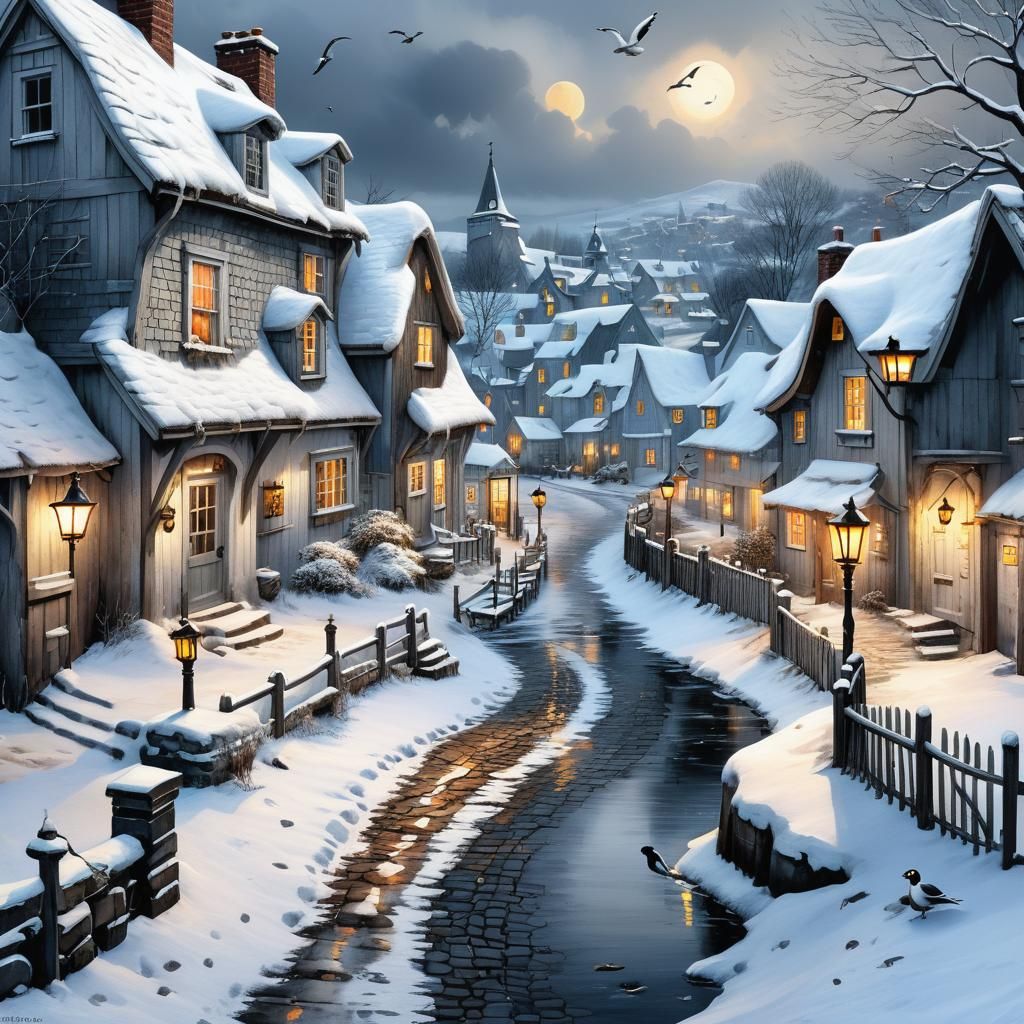 Winter Cottages Watercolor Ink Drawing