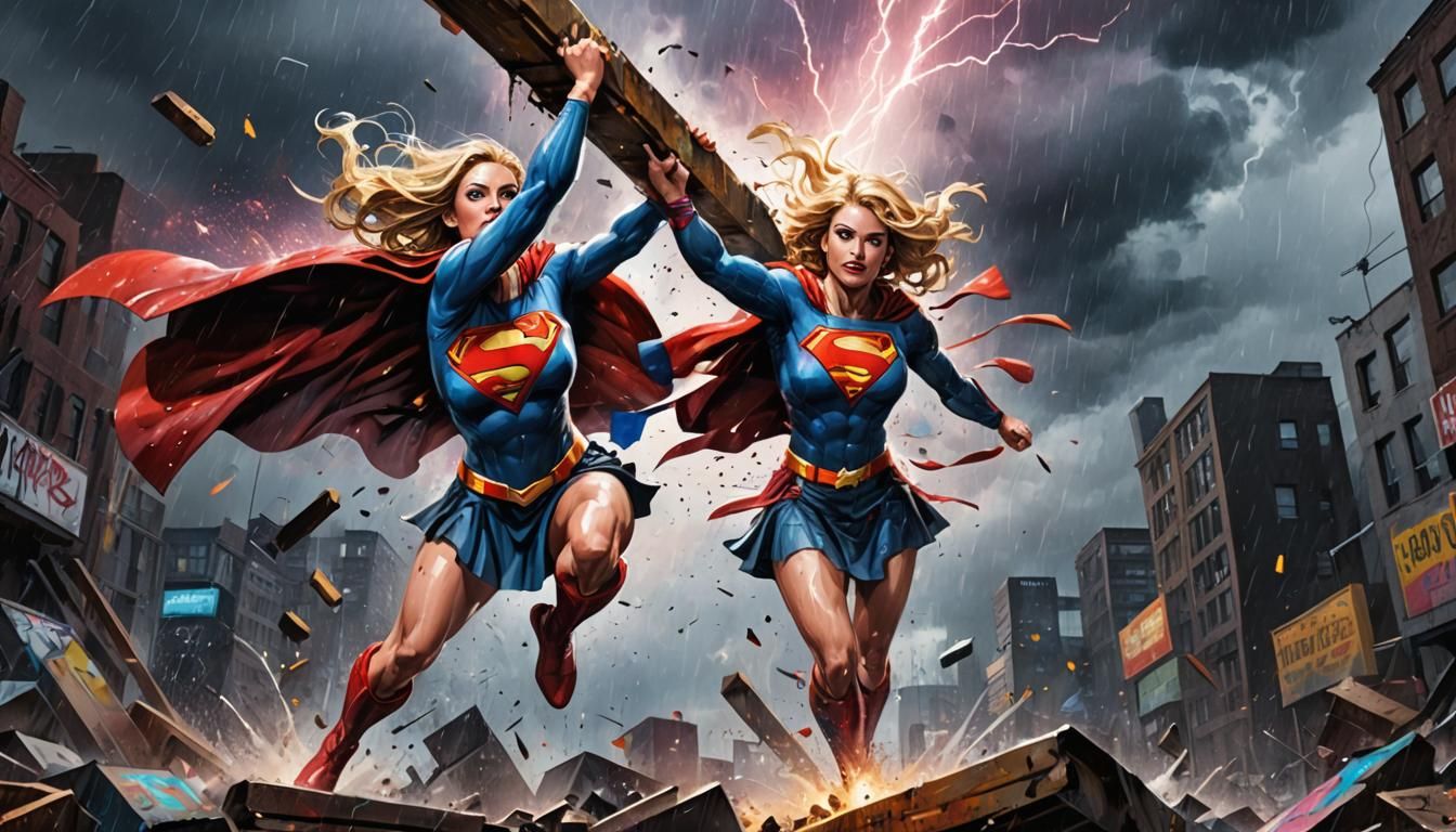 Supergirl Lifts Steel Beam: Graffiti Splash Art