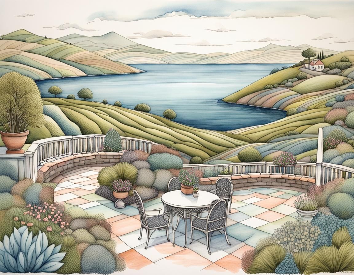 Whimsical Tea Garden in Pen and Ink Style