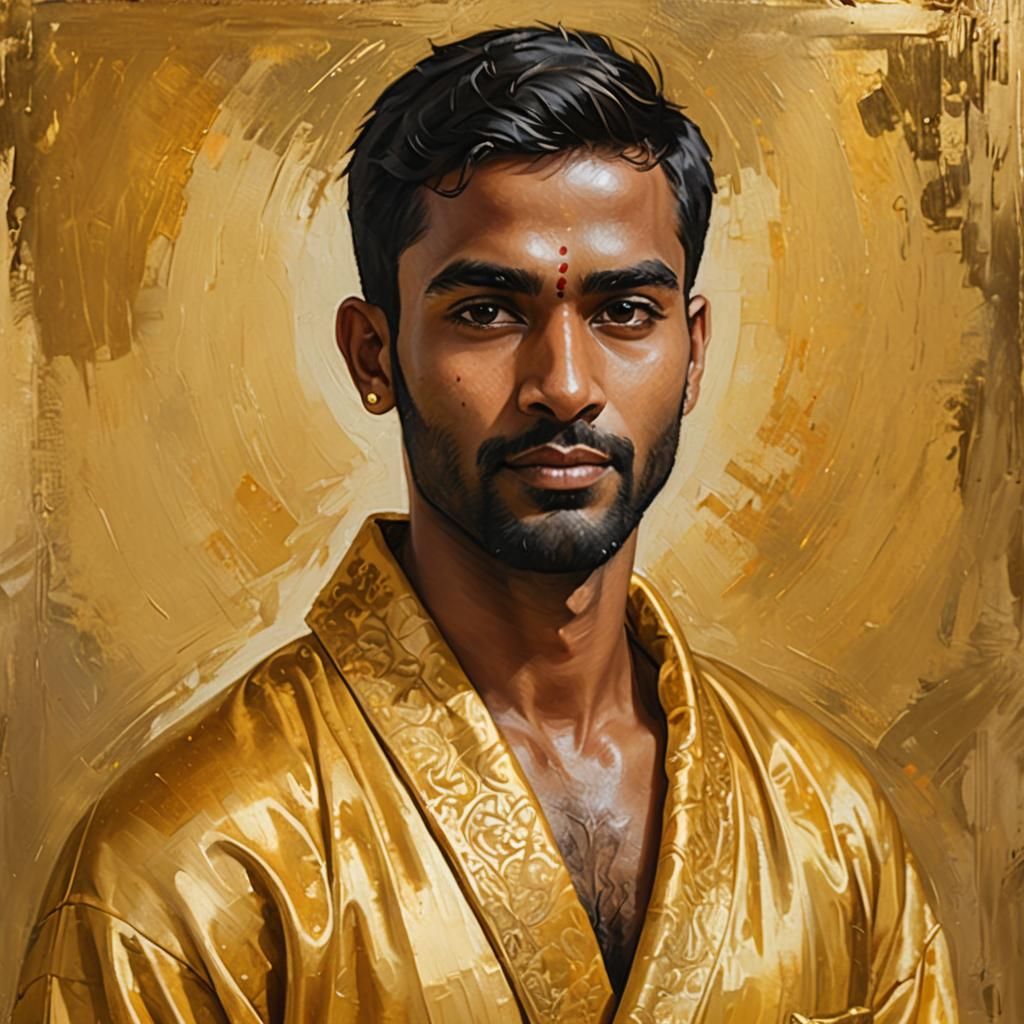 Handsome Hindu Man in Gold Bathrobe, Oil Painting