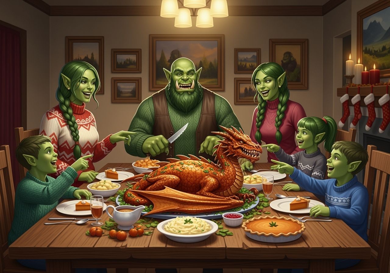 Orc Family's Thanksgiving Feast with Roasted Dragon