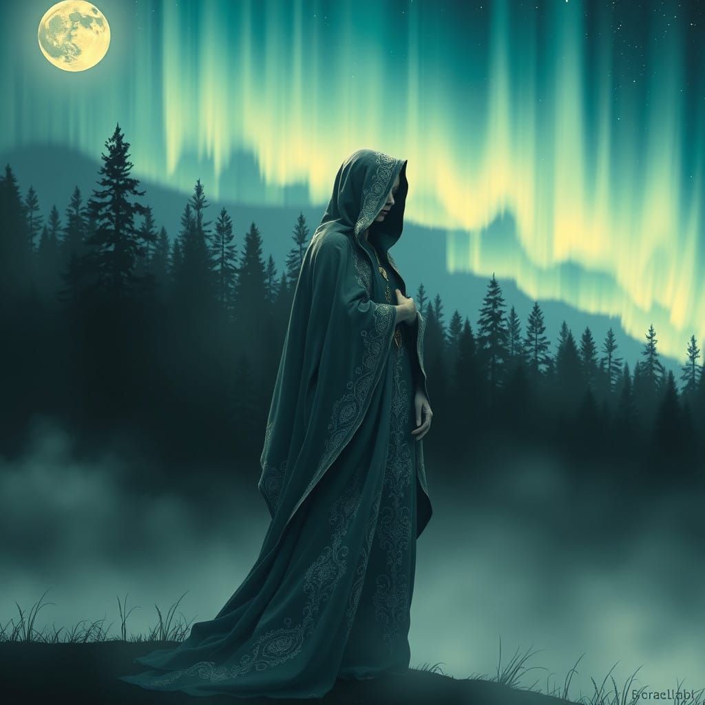 Surreal Priestess Amidst Aurora Borealis in Mystical Surreal...