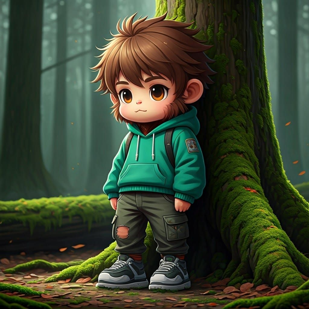 Kawaii Bigfoot in Vibrant Forest