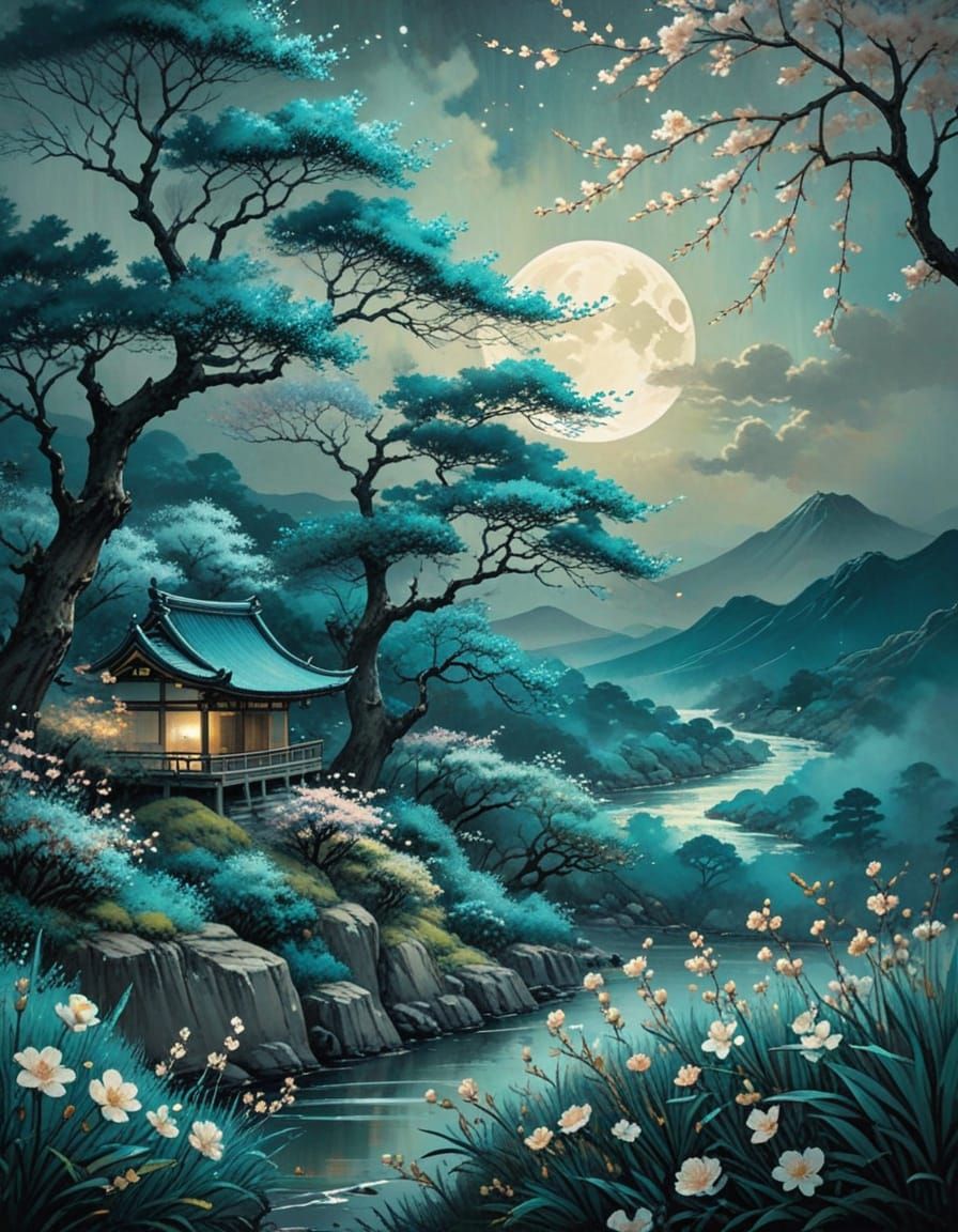 Ethereal Moonlit Landscape in Whimsical Manga Style