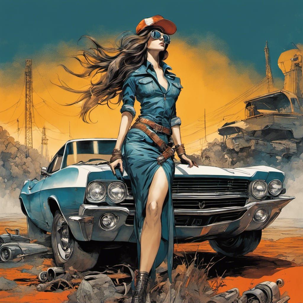 Mechanic Woman and Robot in Dystopian Landscape