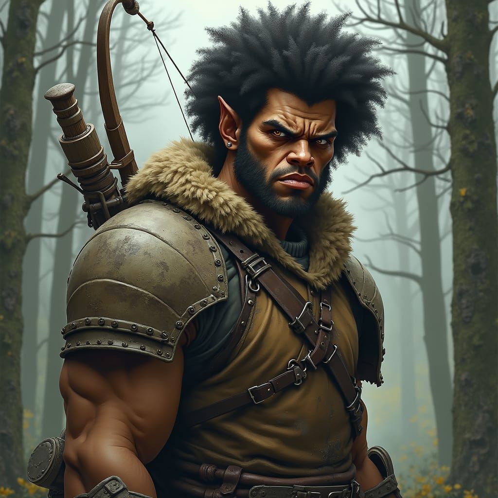 Half-Orc Ranger in Misty Forest: Fantasy Art