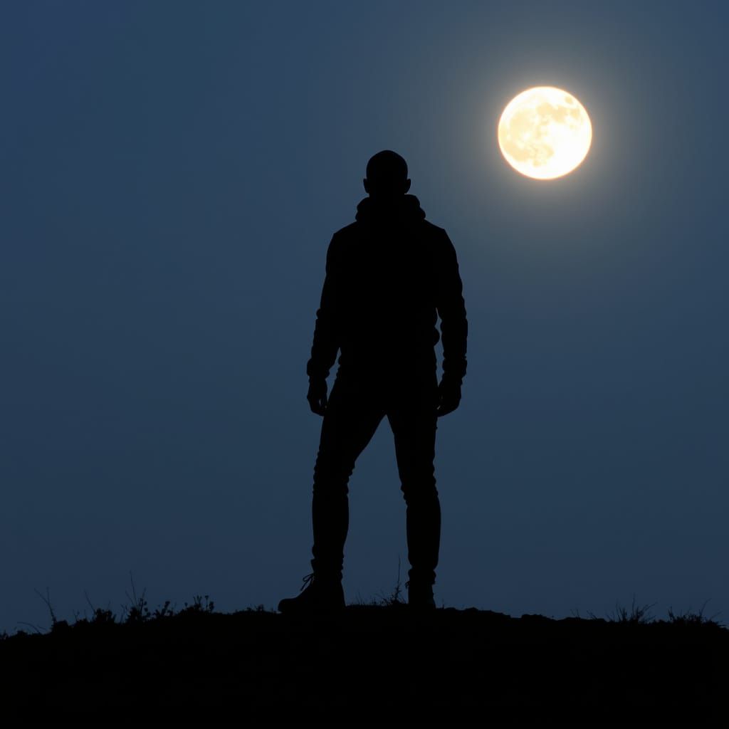 Figure Silhouetted by a Bright Full Moon