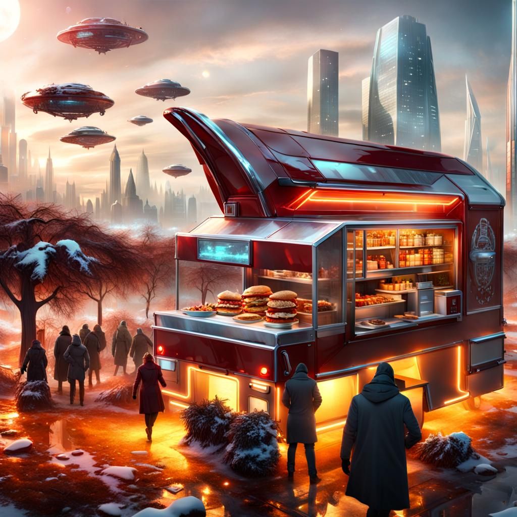 Futuristic Food Truck in Winter Landscape
