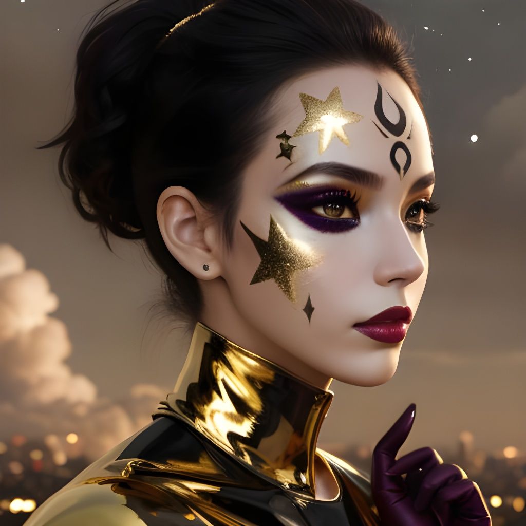 Model with face paint wearing gold latex,