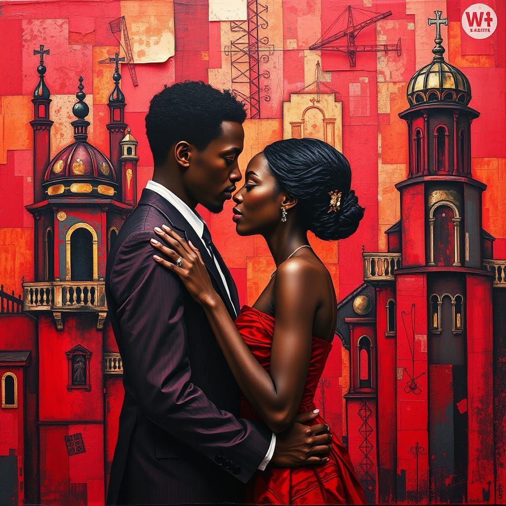 Red Love Scene in Abstract Architectural Style