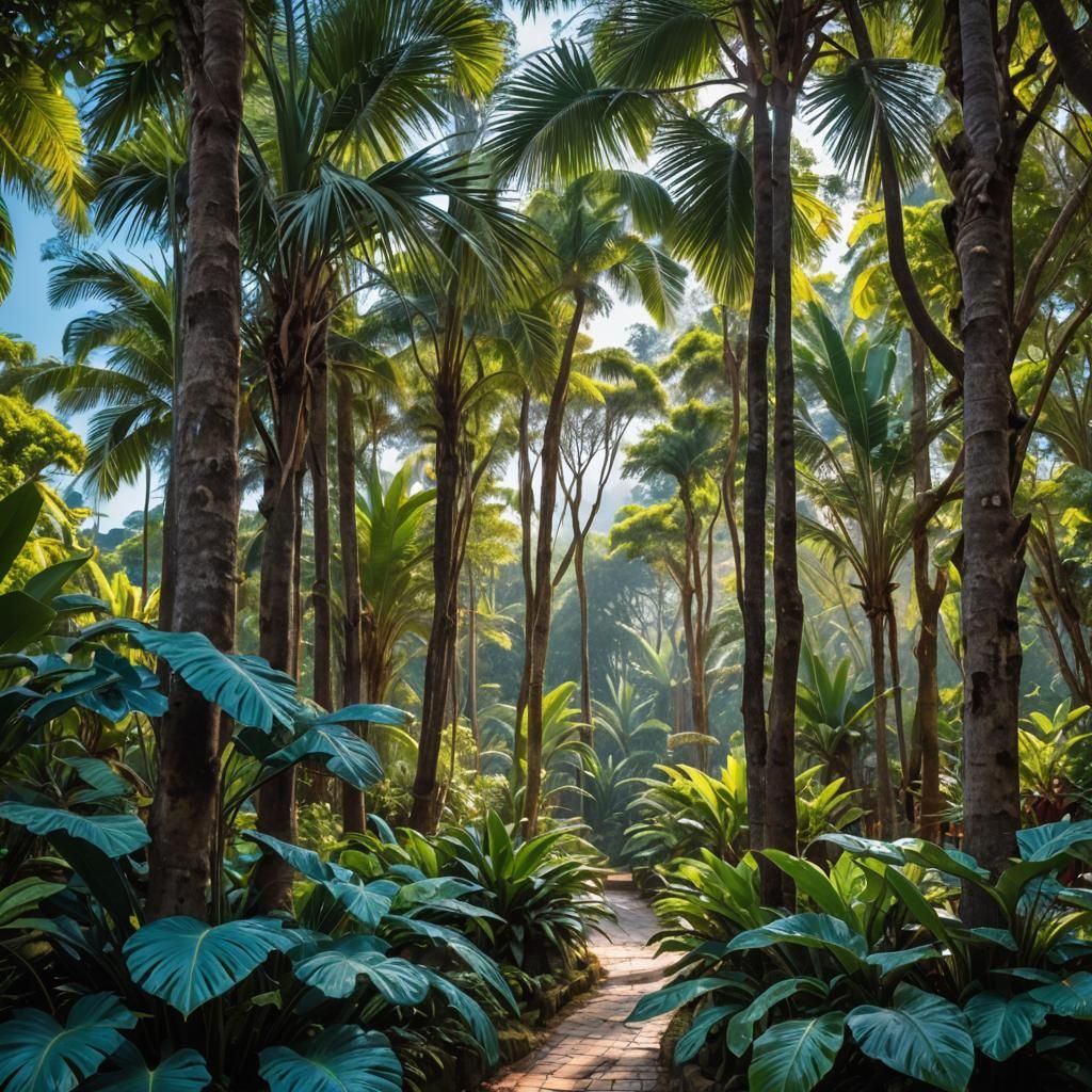 Wooden House with Tropical Plants and Blue Lighting