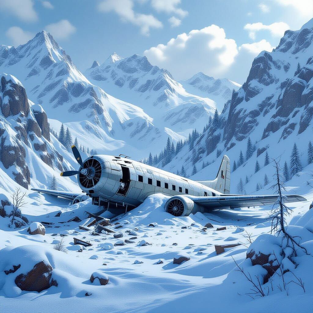 Snowy Mountain Plane Crash in Digital Art Style