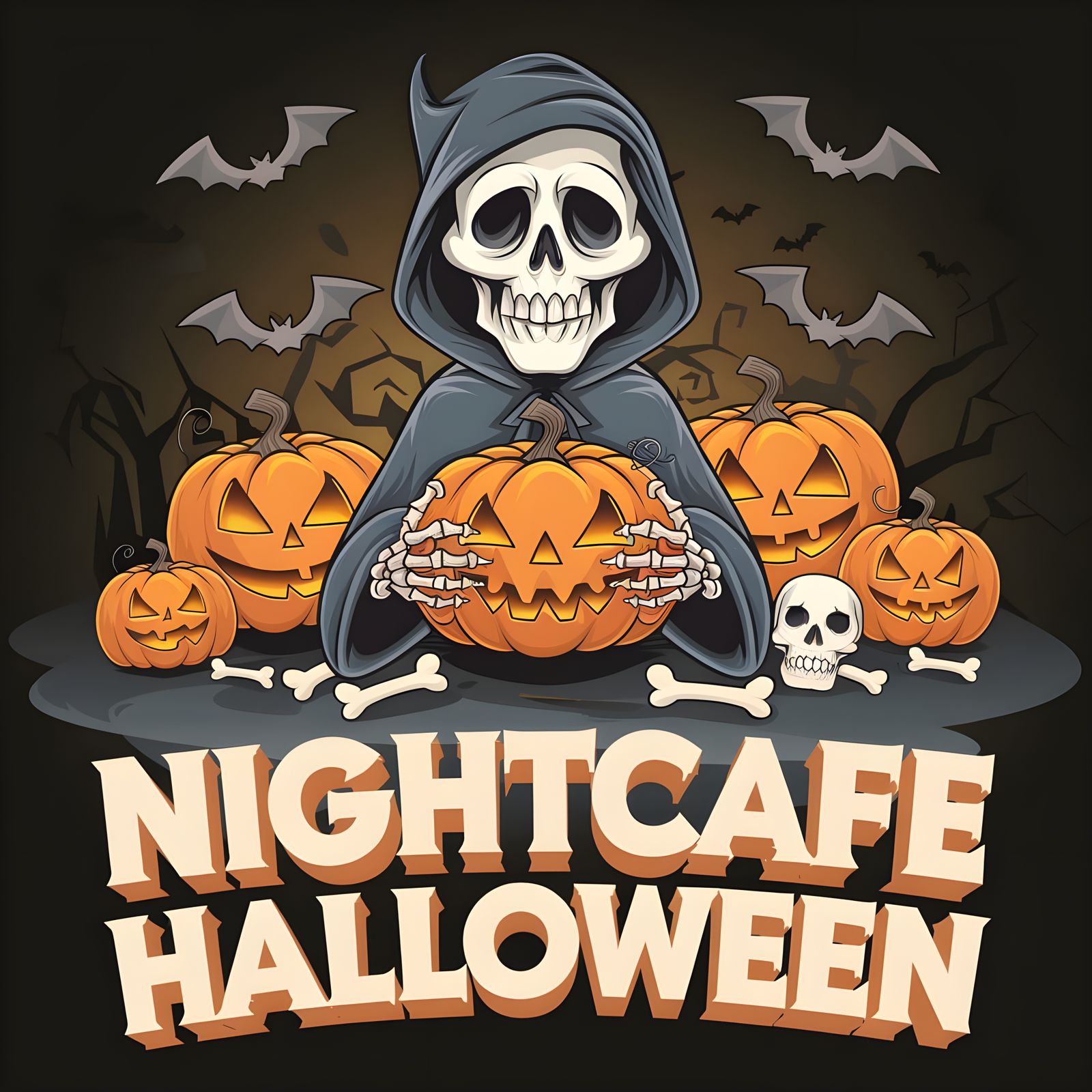 Whimsical Halloween Scene with Skeletal Figure