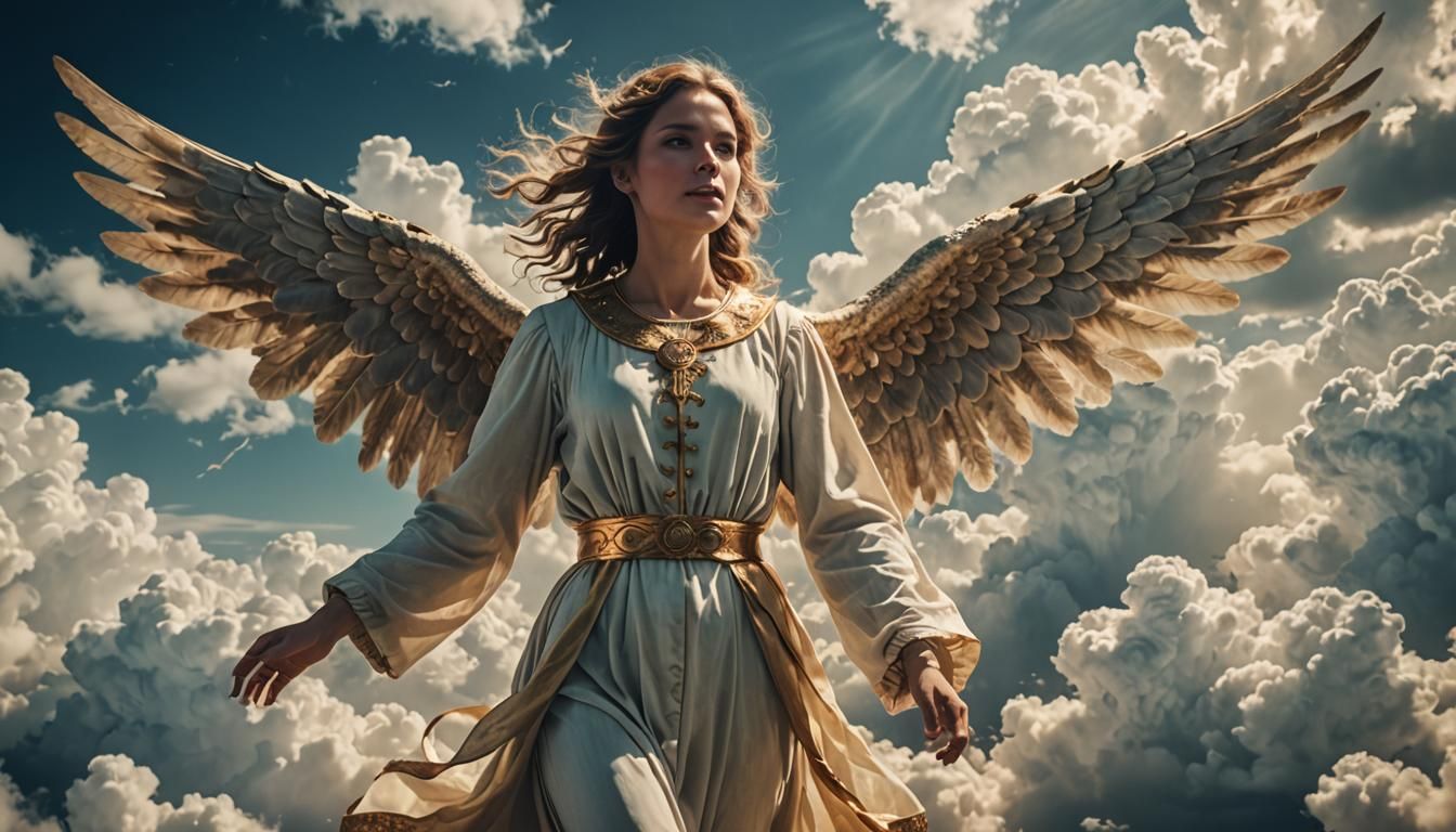 Beautiful Angel Descending From Divine Clouds