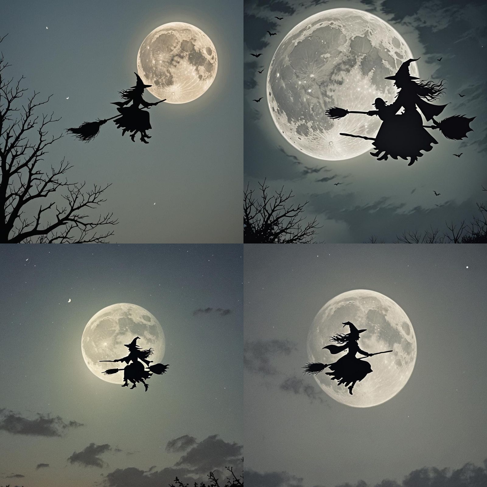 Witch Silhouette Flying Across Full Moon
