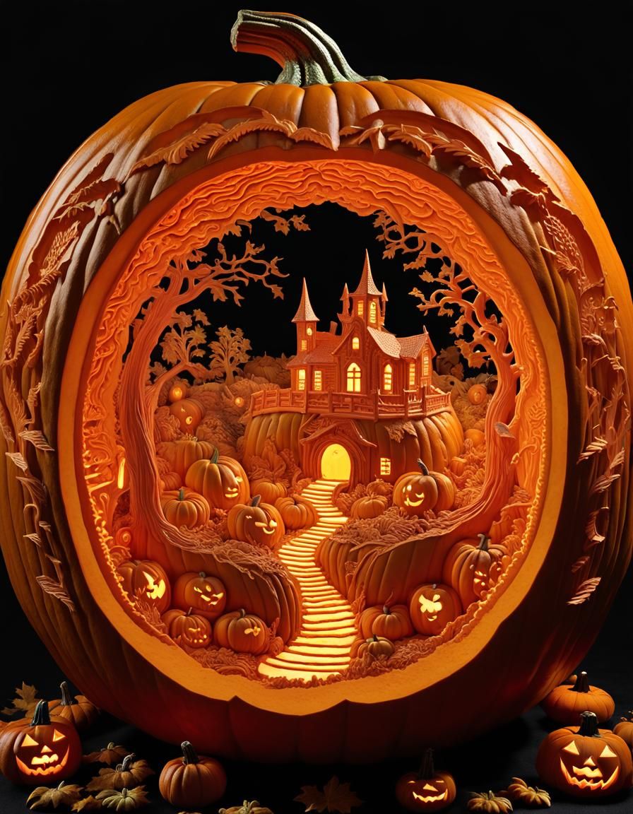 Intricate Hellscape Carved Inside Pumpkin, 3D Model