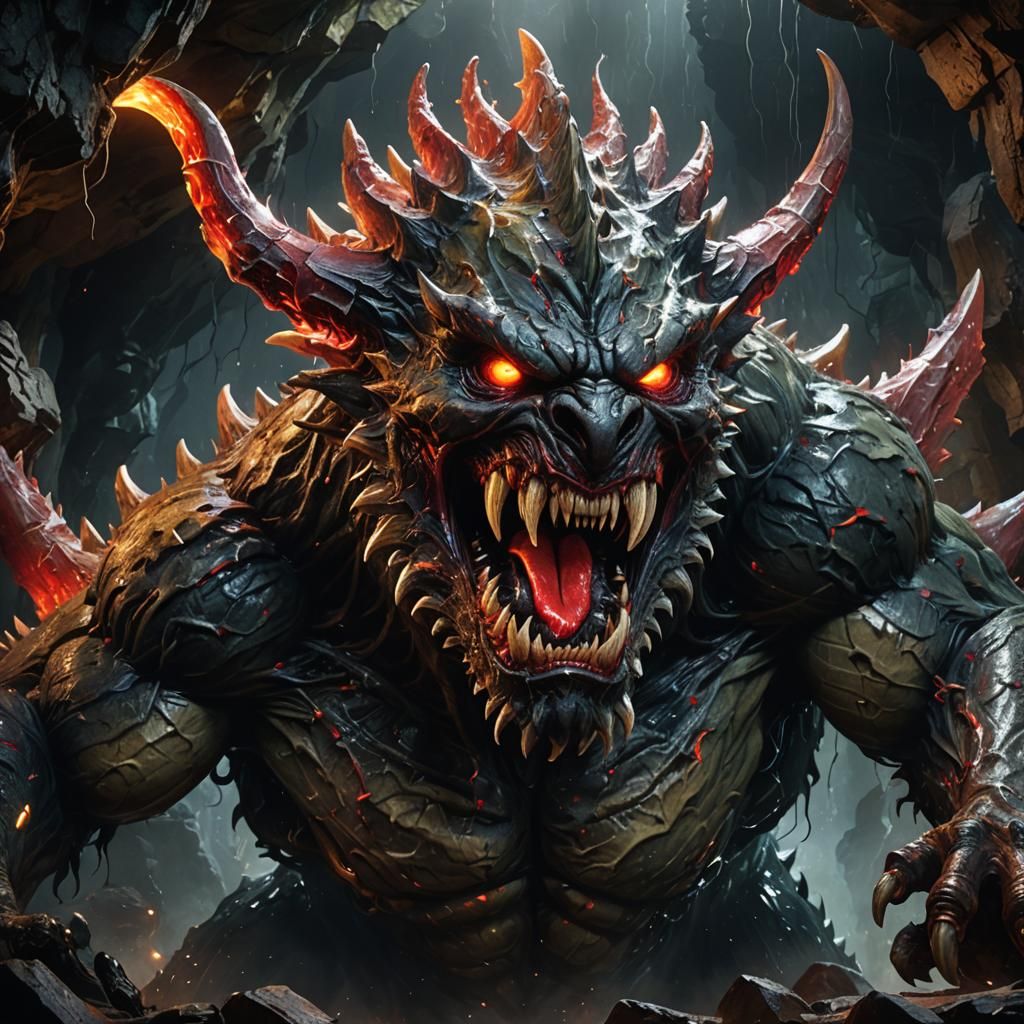 Colossal Monster Roaring in a Dark Cavern