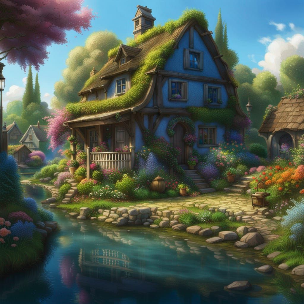 Cottagecore Village by Lake with Flower Garden