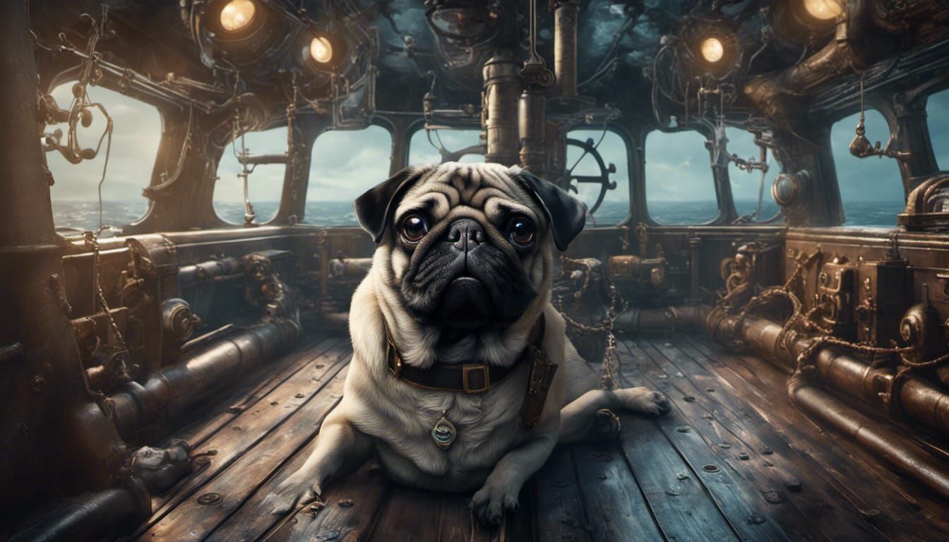 Pug on Victorian Submarine Deck: Detailed Matte Painting