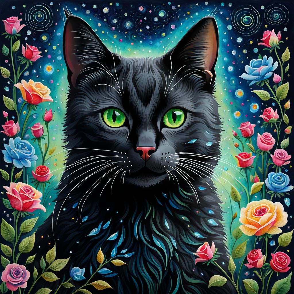Naive Art Whimsy: Majestic Black Cat in a Flowering Wonderla...