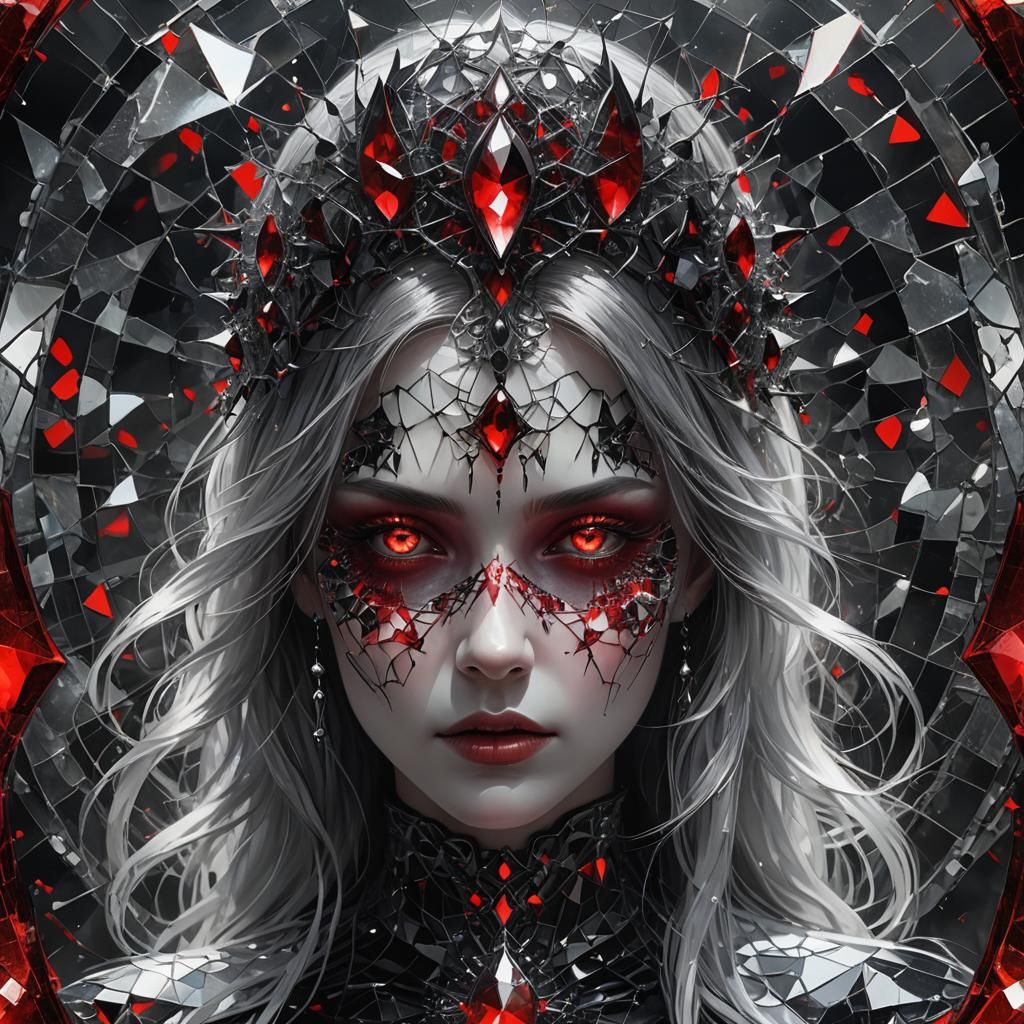 A female soulcatcher, red-black, white souls, mystic, dark, gothic style, Broken Glass effect, no background, stunning, ...