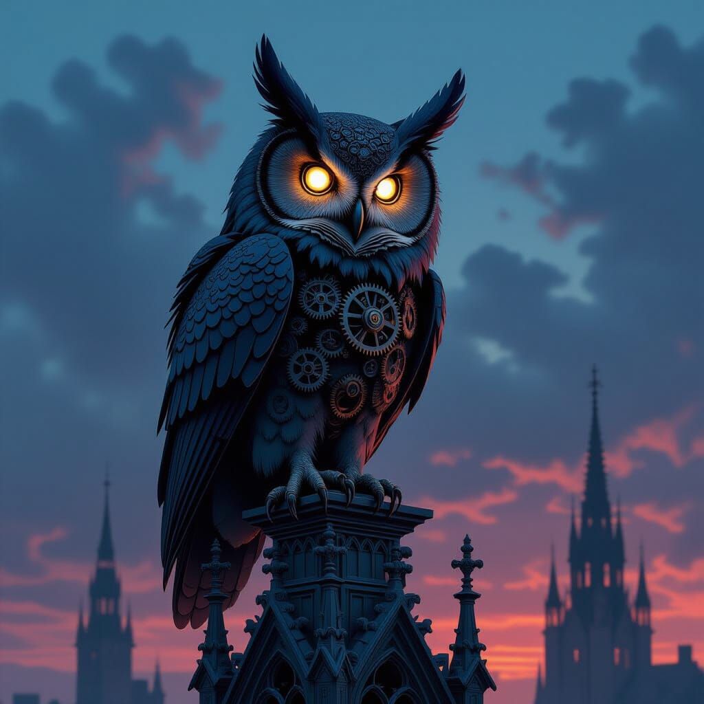 Mechanical Owl on Gothic Spire at Twilight