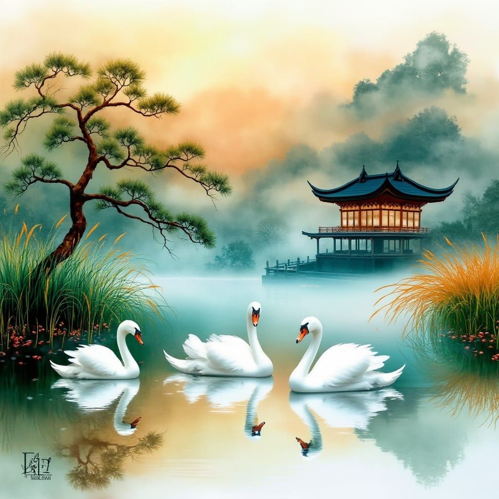 Swans in Golden Mists of Japanese Landscape