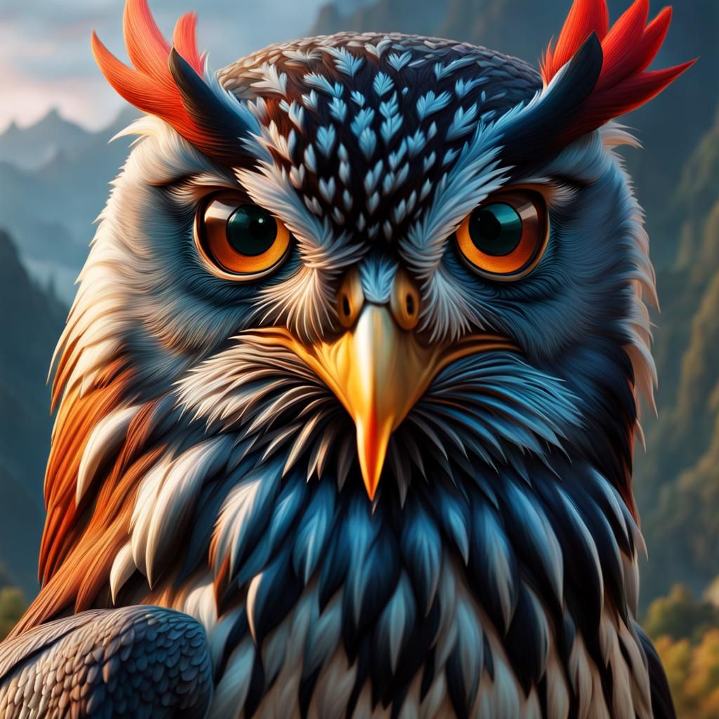 Fantasy Rooster-Owl Hybrid in Cinematic 8k