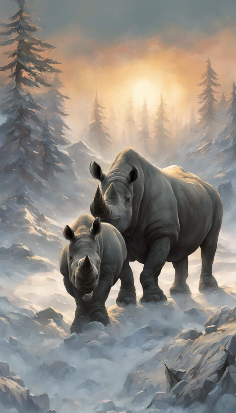 Serene White Rhinos in Snowy Forest Landscape