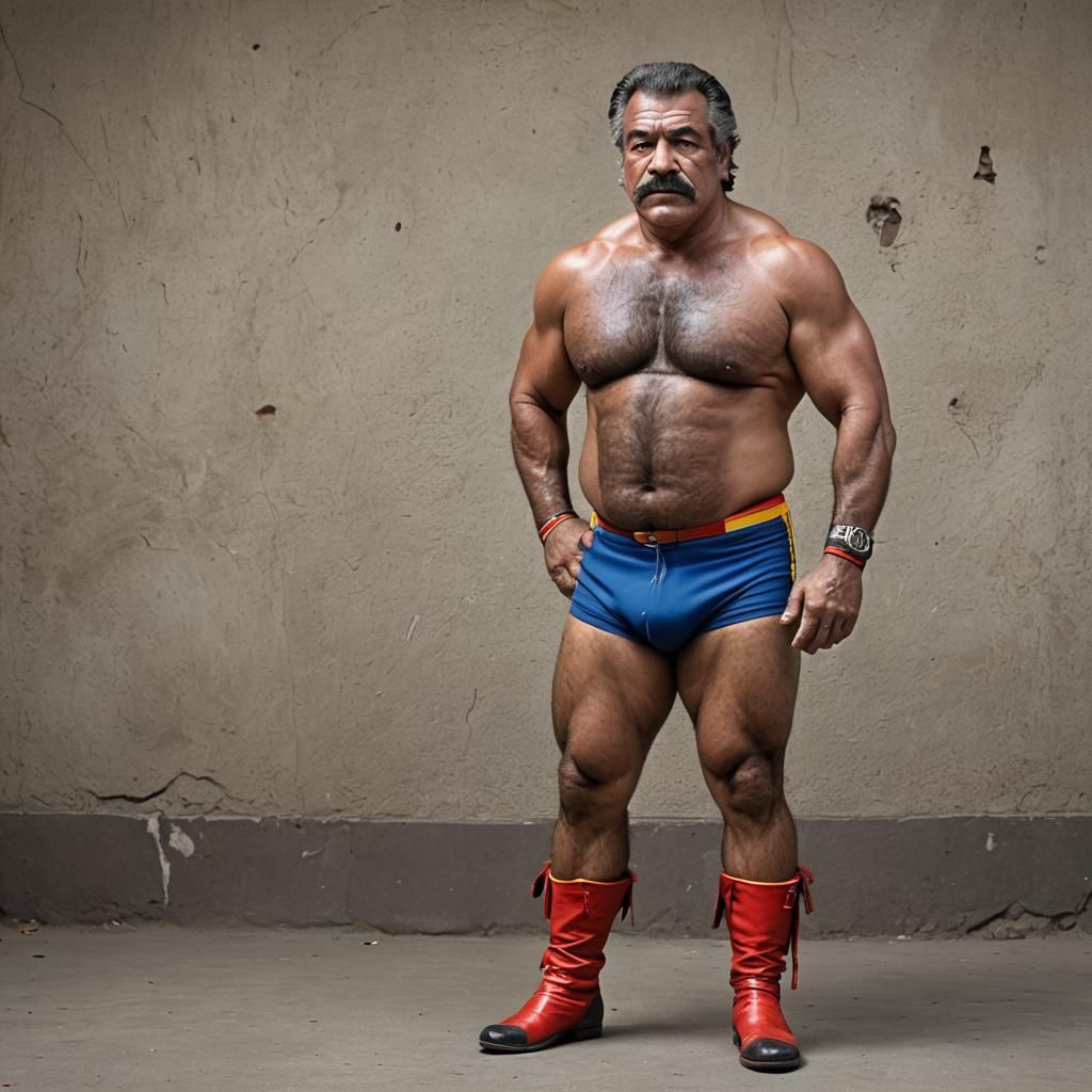 Colombian Wrestler Posing Confidently in Colorful Trunks