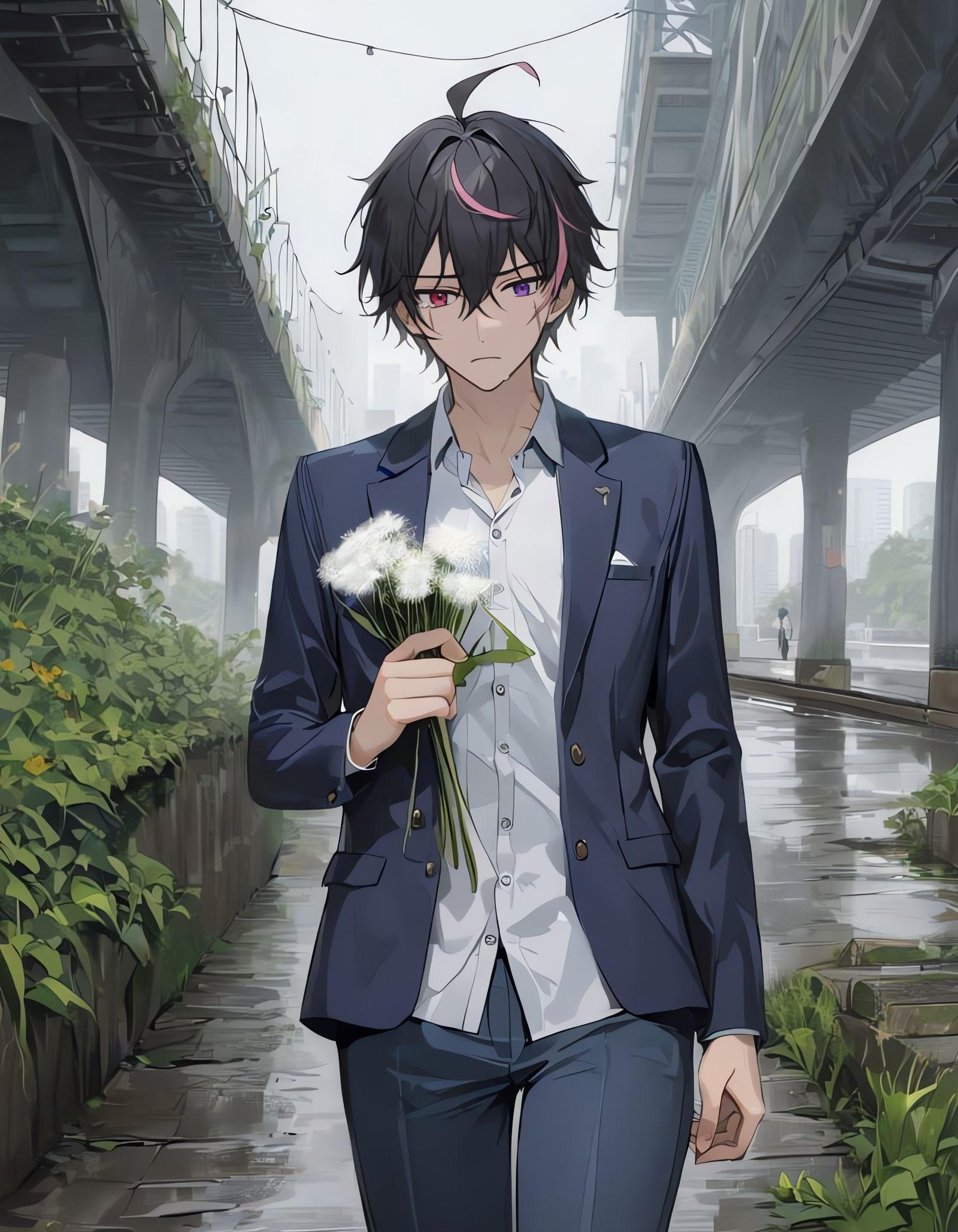 Sad Bishounen with Heterochromia Holds Dandelion Clock