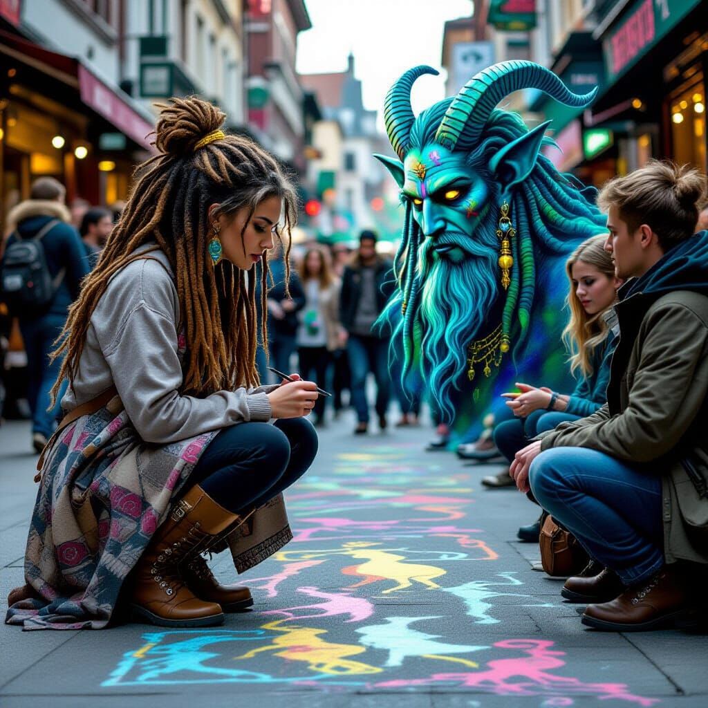 Street Artist Draws Baphomet Appearing in Vibrant Scene