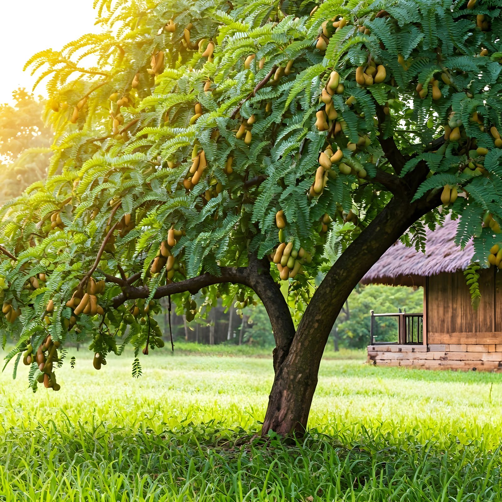 Lush Tamarind Tree with Thatched-Roof House