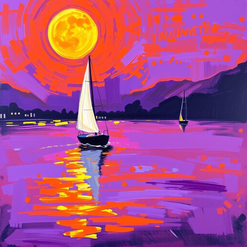 Sailing at Sunset in Vibrant Purple Waters