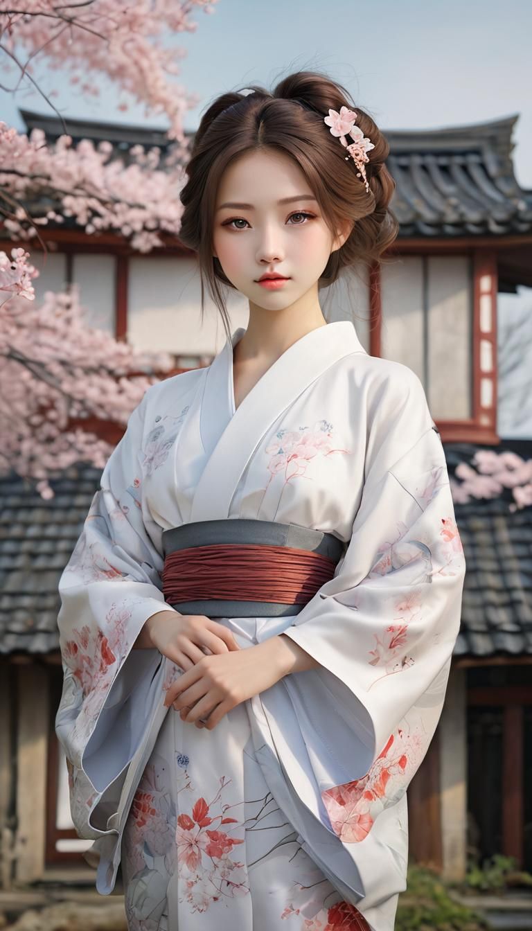 Smiling Geisha Portrait with Sakura Background