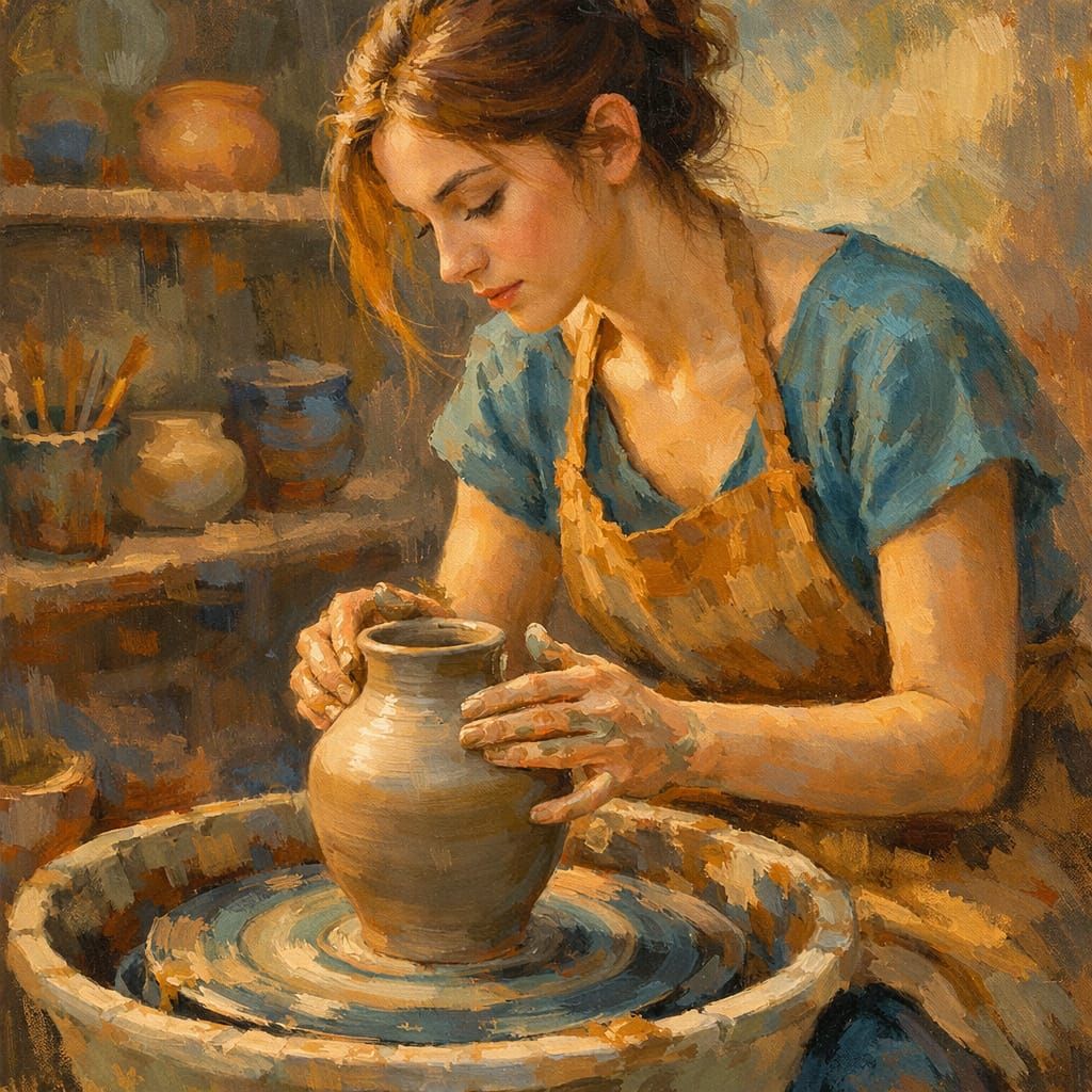 Woman Creates Vase at Pottery Wheel in Painterly Realism