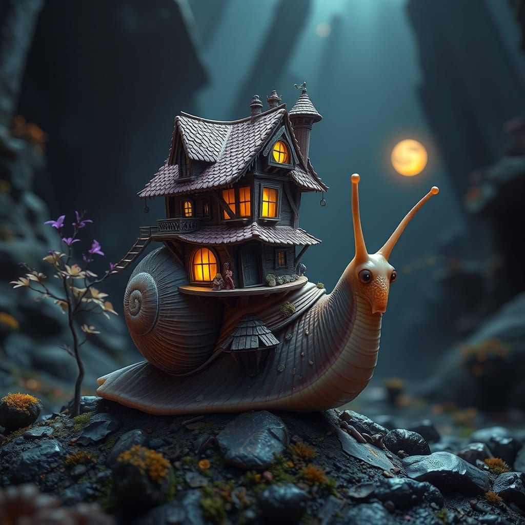 Surrealism snail with strange house on its back --ar 4:3 --sref 3037