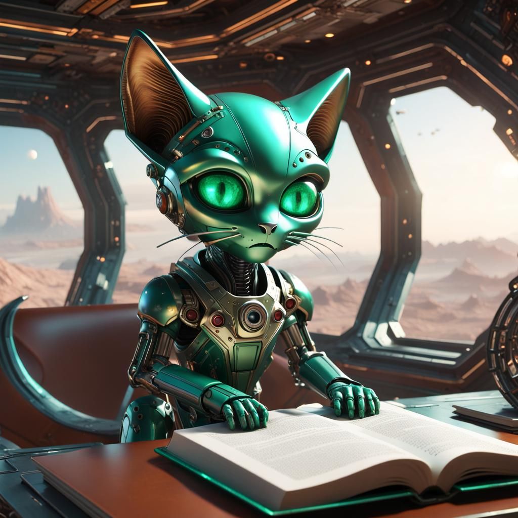 Alien Cat Reading in Mech Suit, Raypunk Style