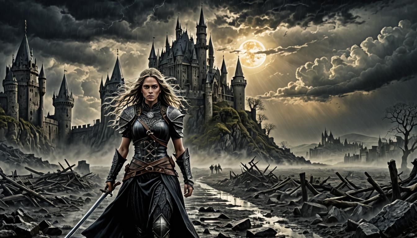 Gothic Warrior in Wasteland, Hyperrealistic Art