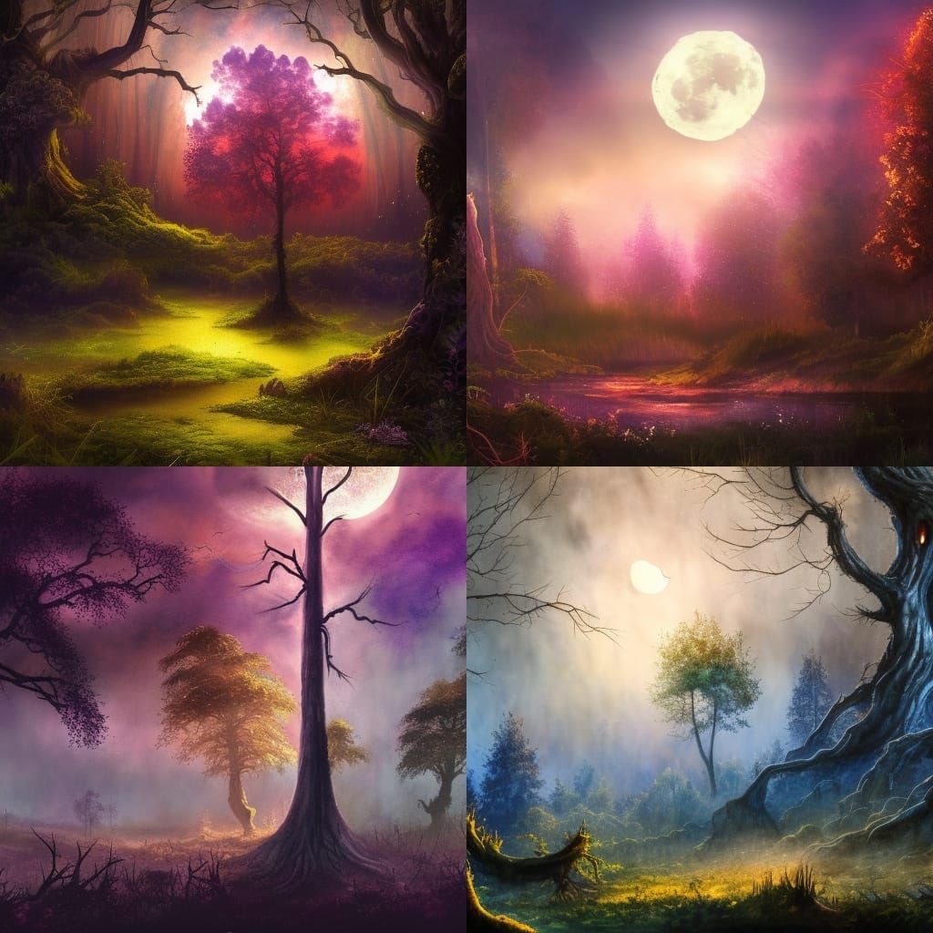 Fantasy Woodland Scene with Glowing Tree in Watercolour Styl...