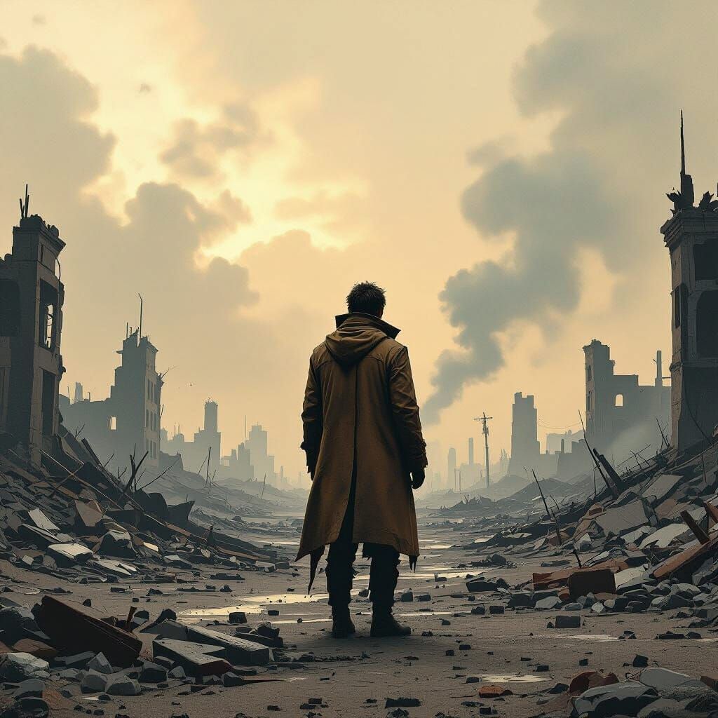 Desolate Figure in Ruined Landscape, Gritty Sci-Fi Art