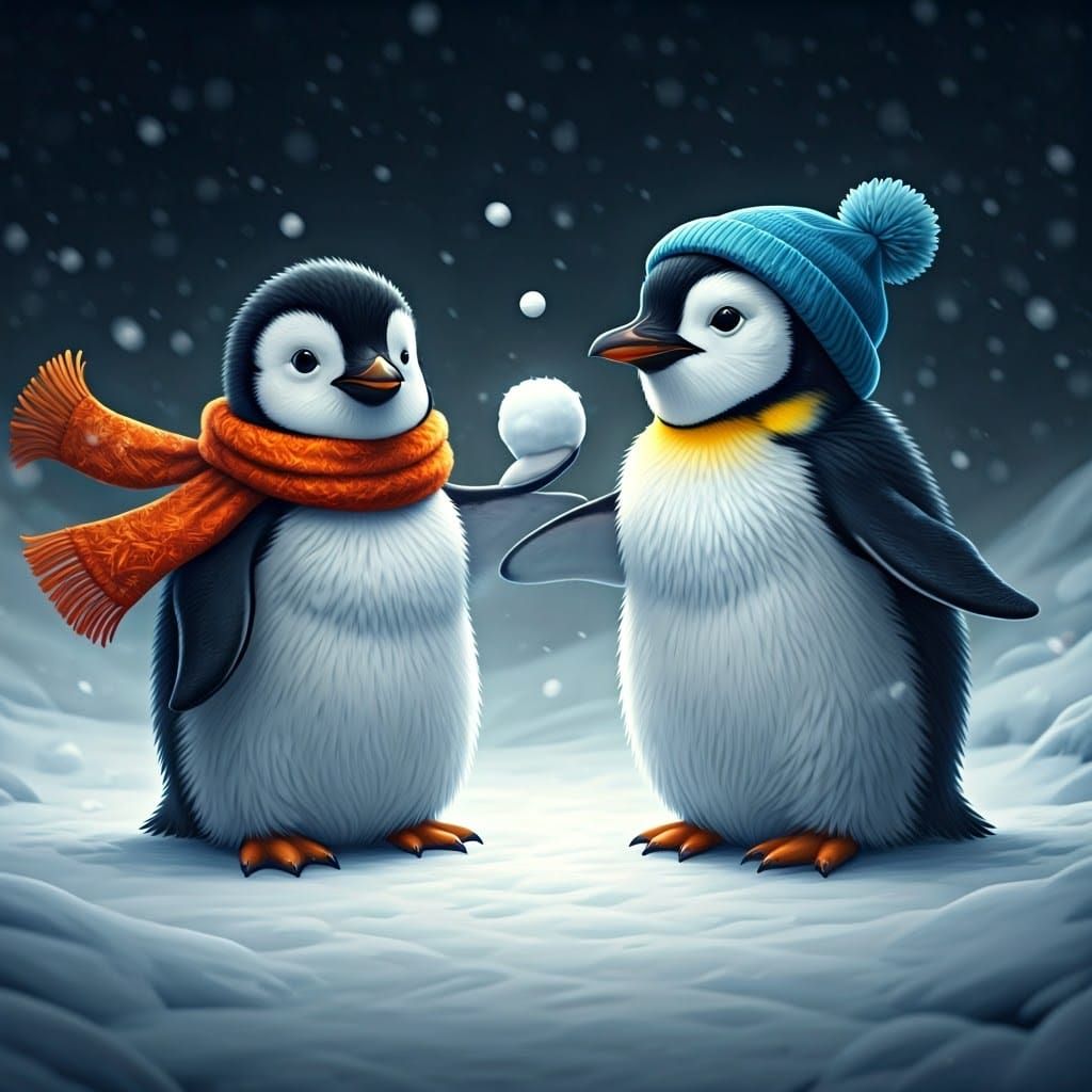 Penguins' Joyful Snowball Fight in Winter Wonderland