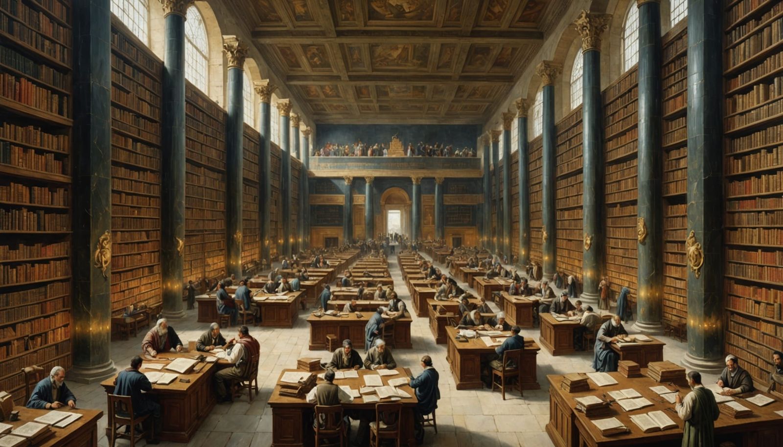 Elegant Oil Painting of Bustling Library Life