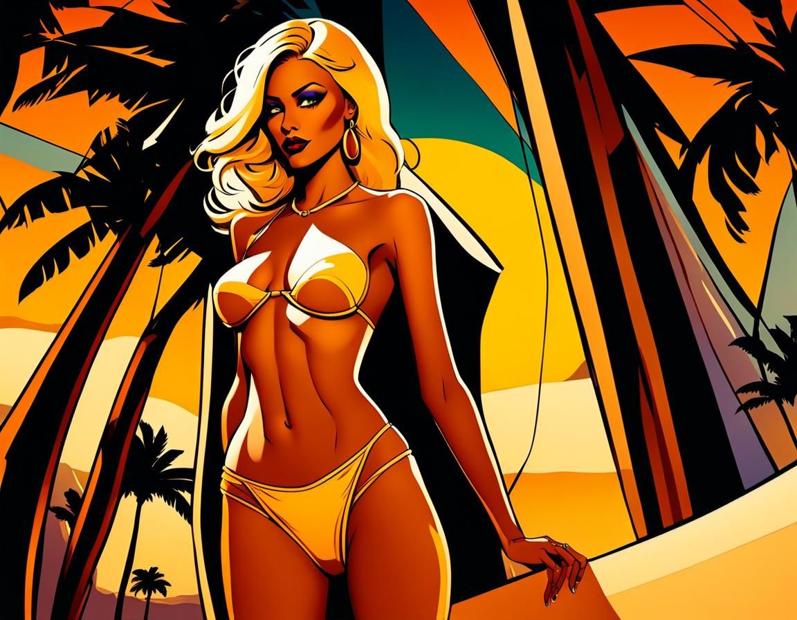 Beautiful Woman in Jamie Hewlett Comic Style Sunset