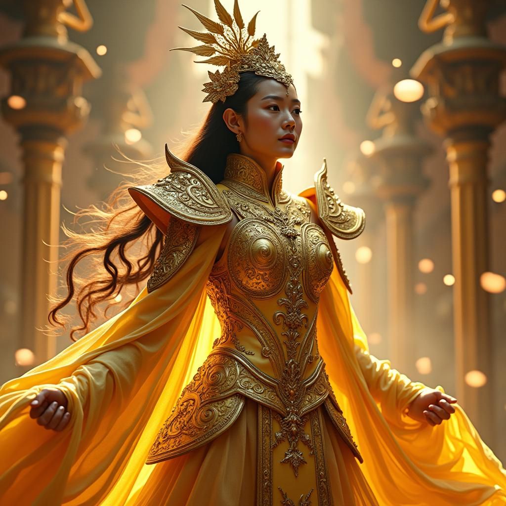 Golden Asian Goddess in Mythological Armor