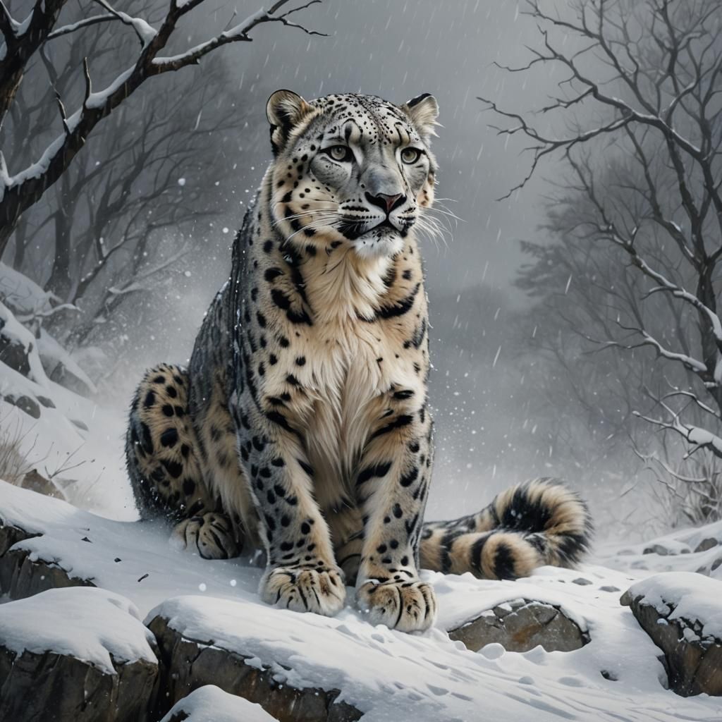 Snow Leopard in Storm: Watercolour Painting