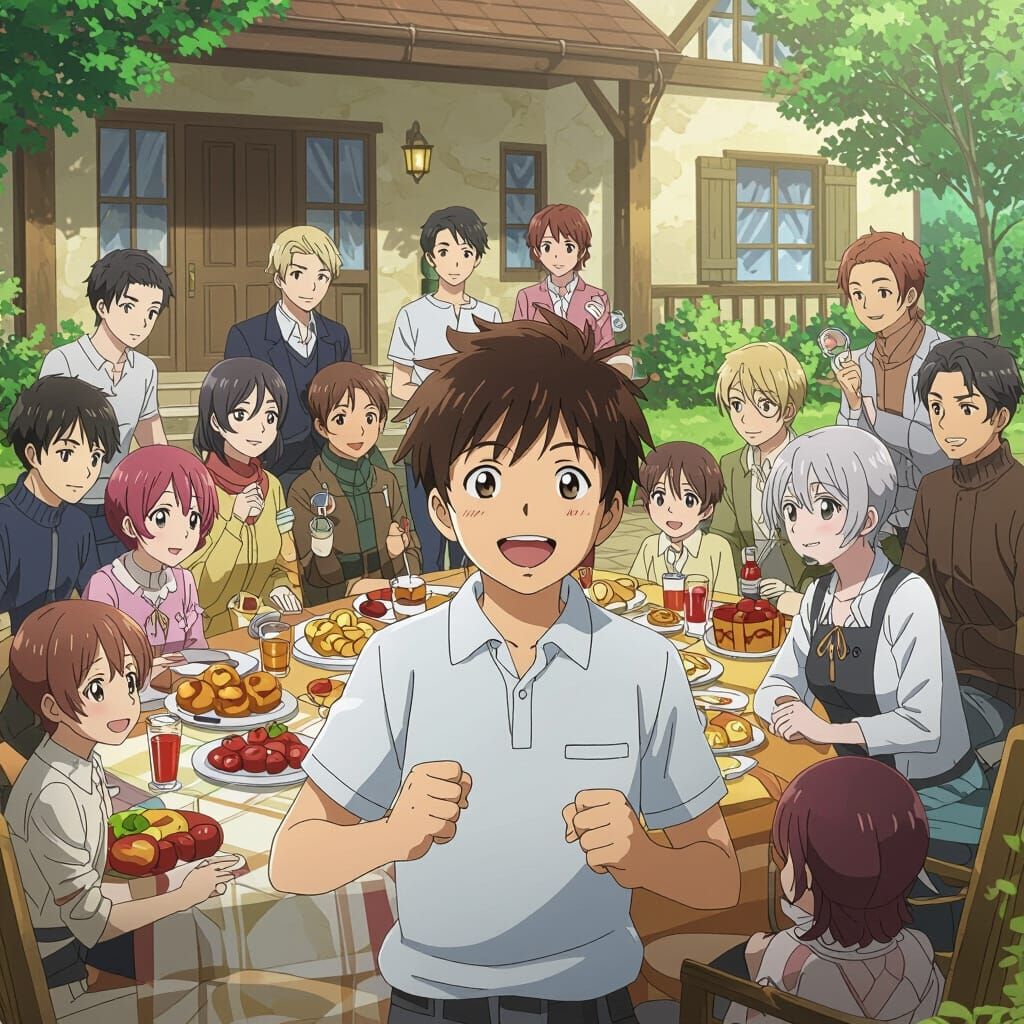 Boy Delighted by Family Gathering and Brother's Visit, Anime...