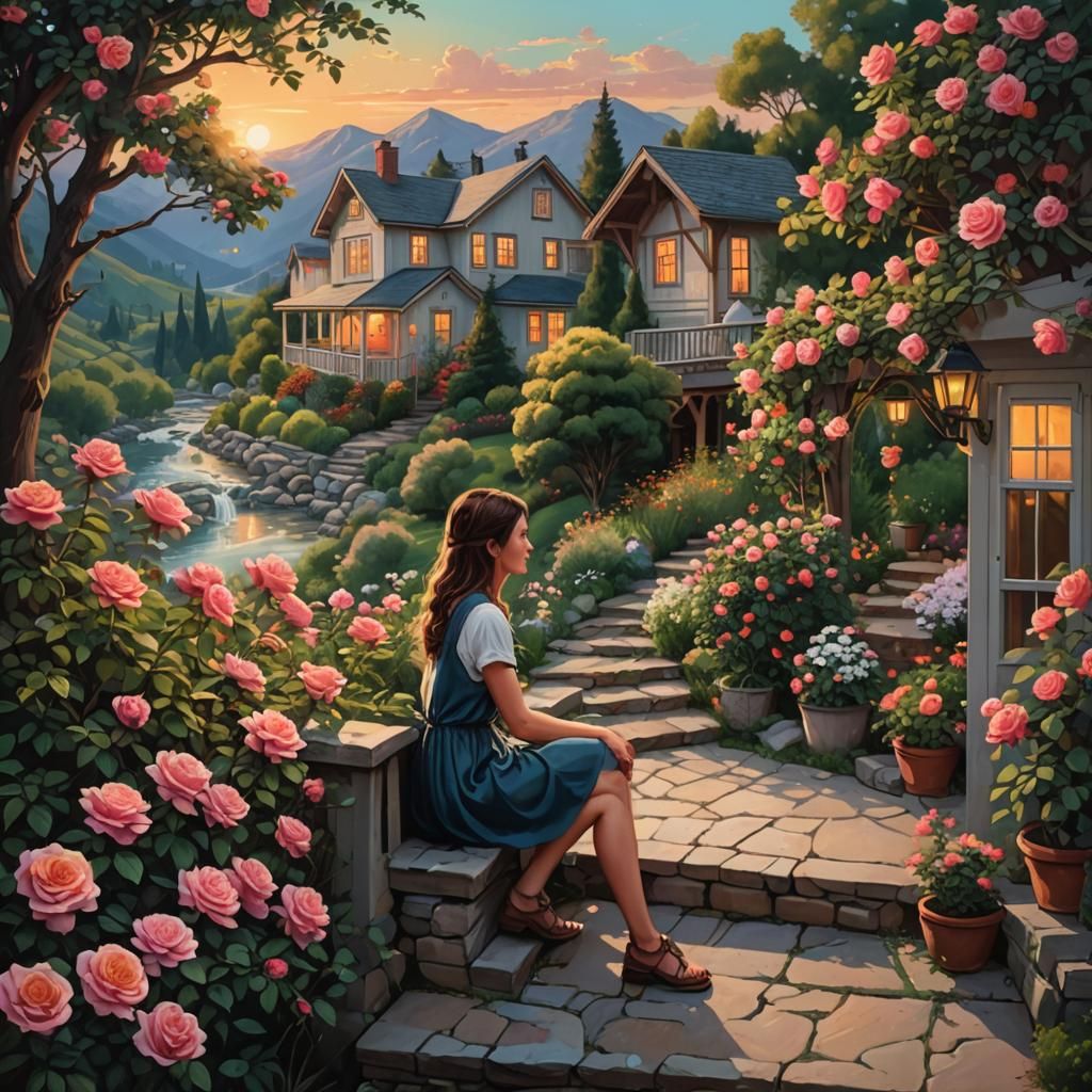 Girl in Rose Garden: Hyperrealistic Splash Art
