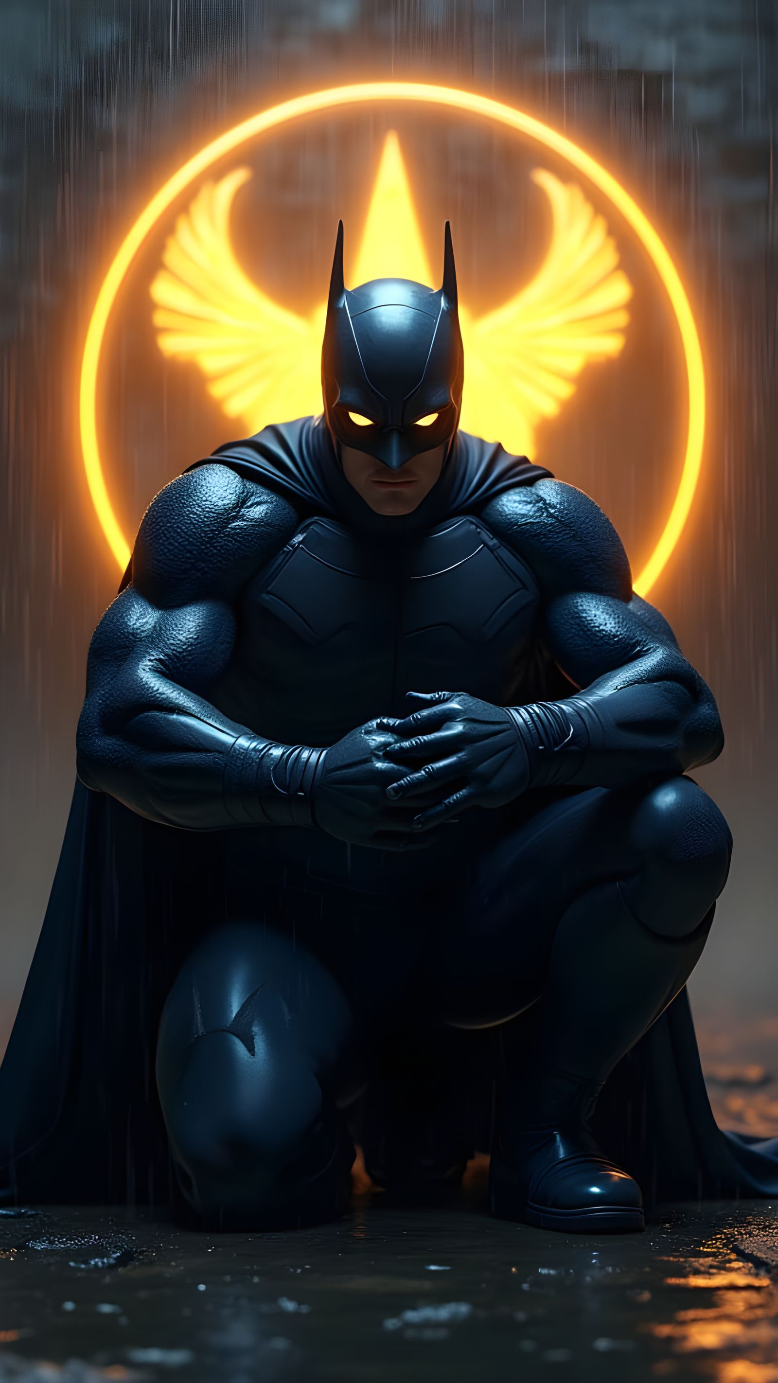 Masked Vigilante in Dynamic Pose with Mystical Emblem